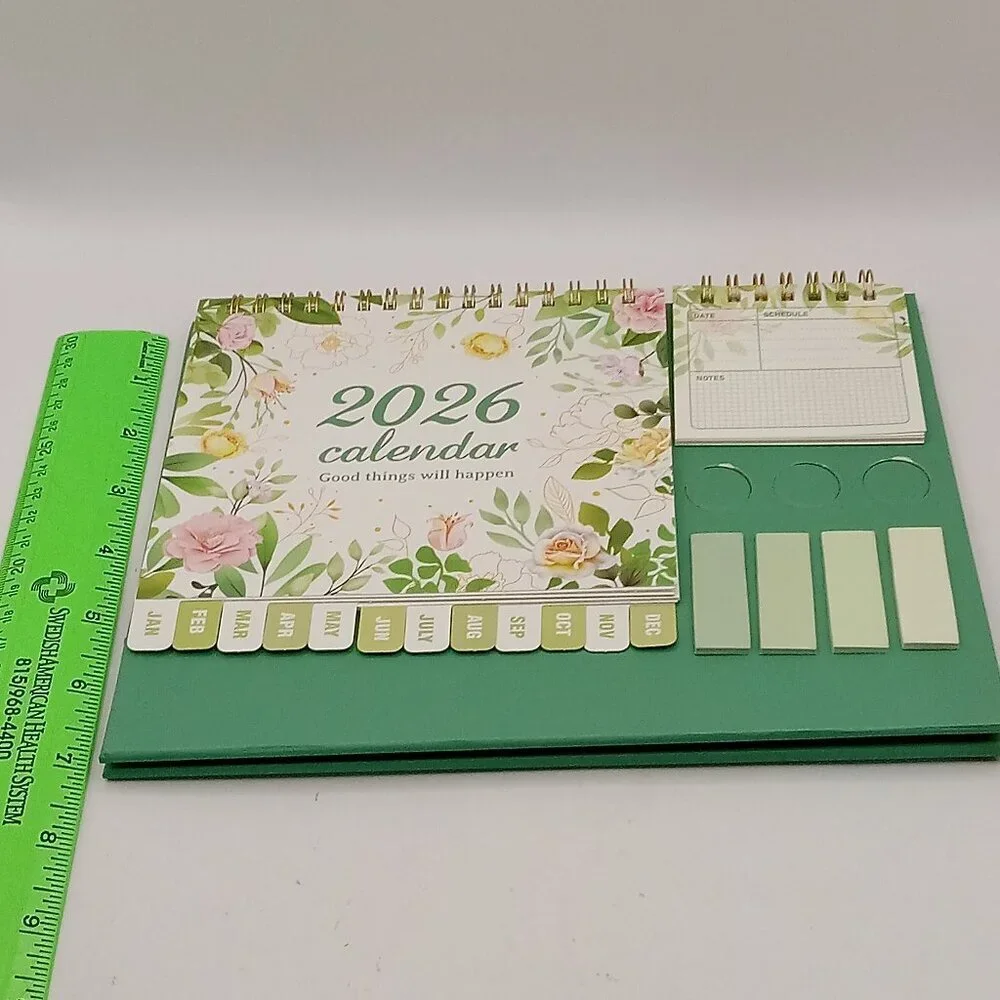 Desktop CALENDAR Small Flip Cardboard Desk SET w/Notes Sticker Tabs GREEN FLORAL